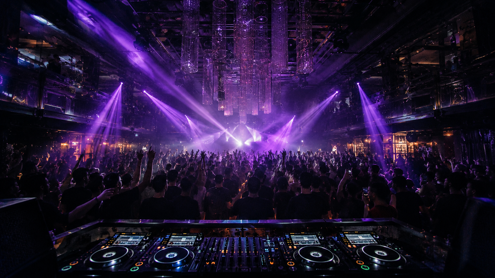 Luxury nightclub crowd under purple lighting