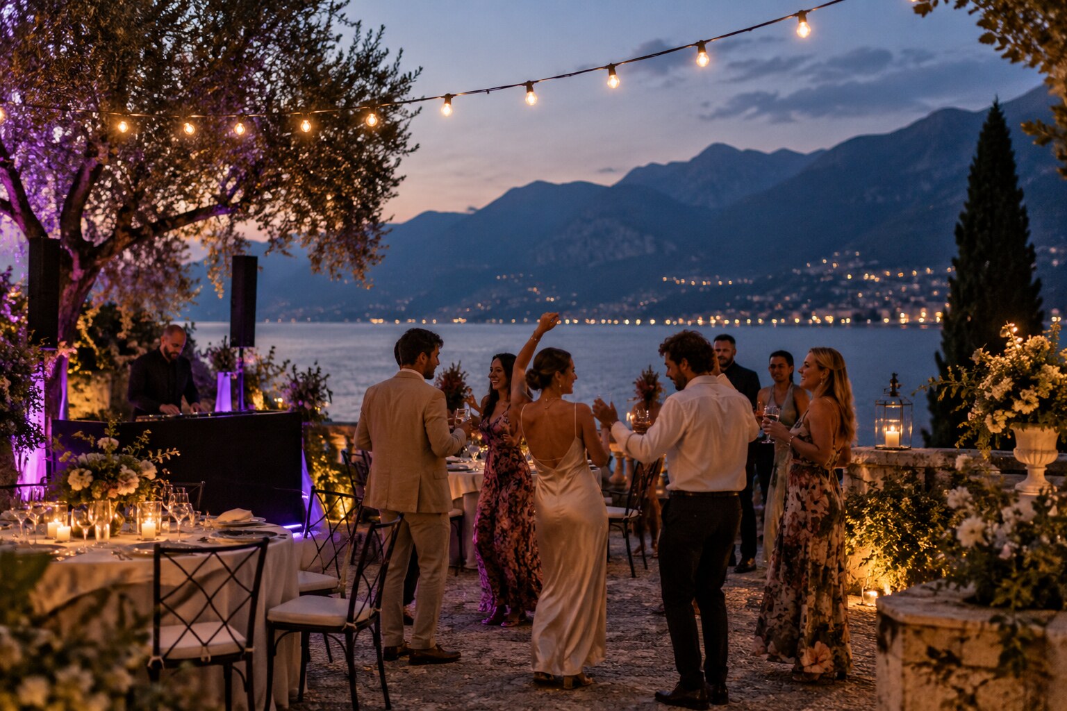 Mediterranean destination celebration beside a lake at dusk