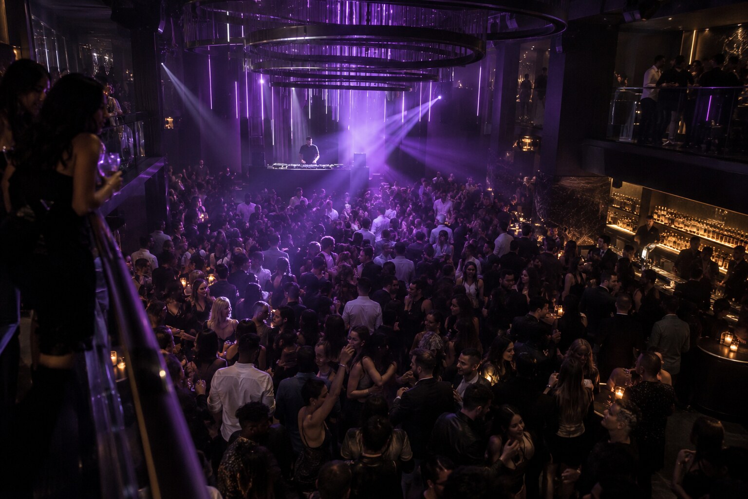 A packed luxury nightclub dancefloor under purple lighting